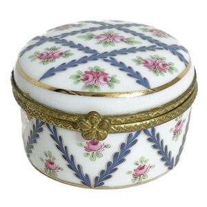 Vintage Porcelain Trinket Box Pink Roses Blue Laurel Wreath Gold Gilt Mounts
